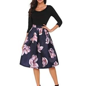 Floral Navy A-Line Midi Skirt